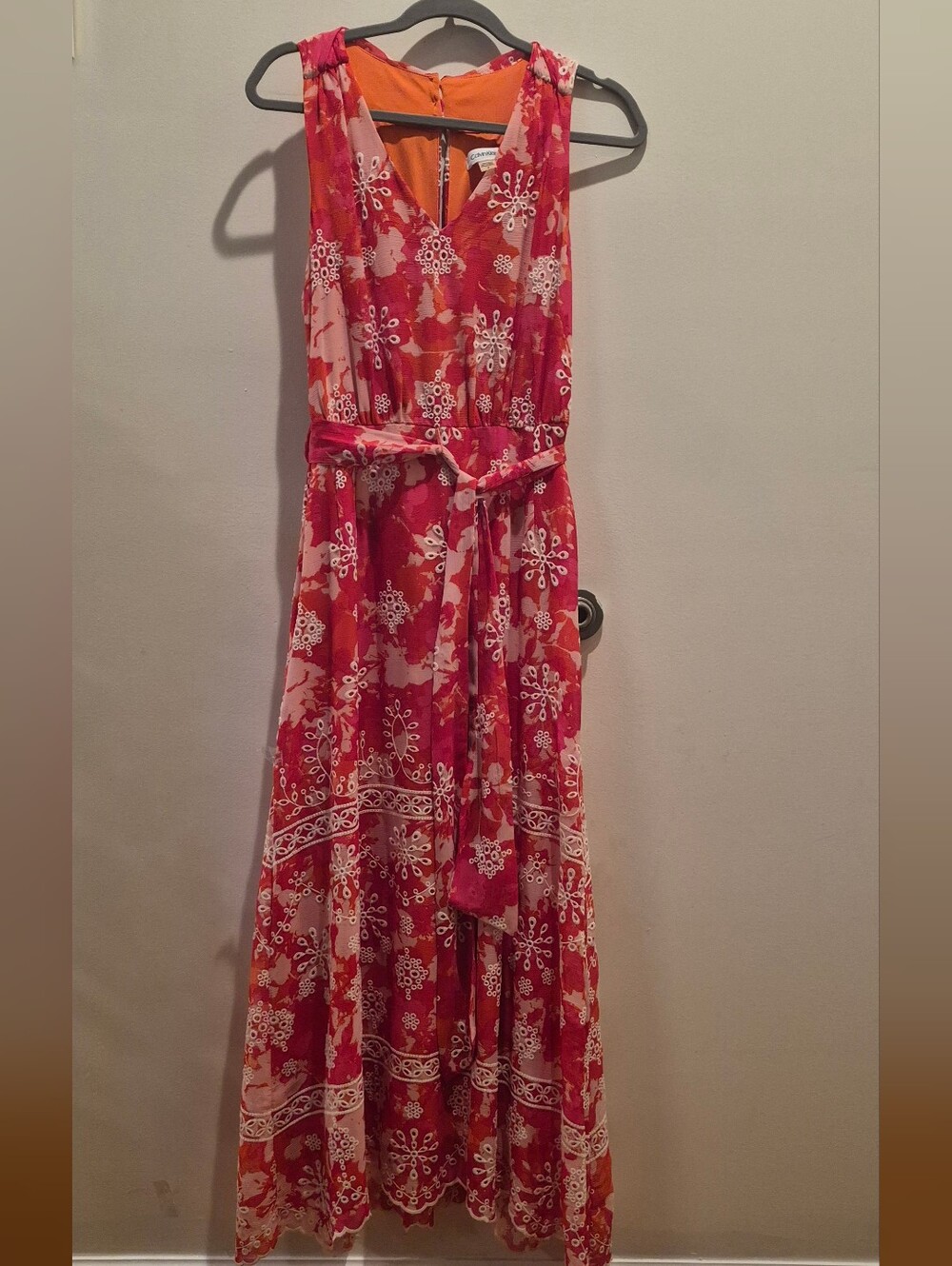Sleeveless Pink & Orange Floral Maxi Dress with Tie Waist